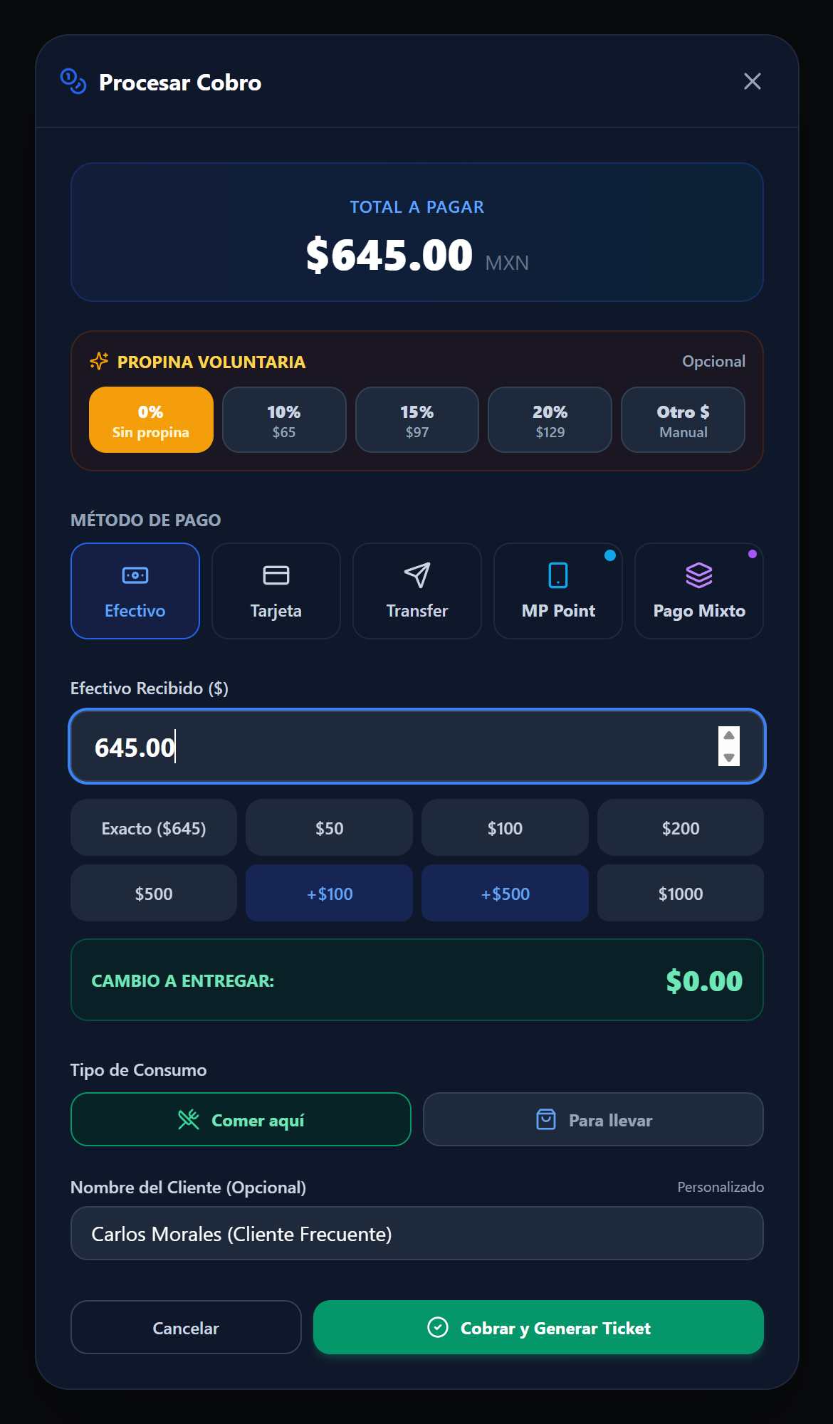 Pantalla de cobro con total, propina, método de pago, billetes rápidos y cambio a entregar