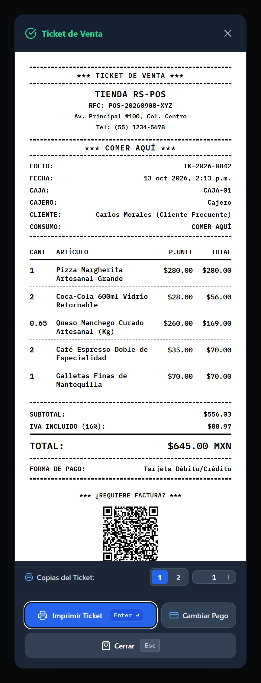 Ticket de venta con desglose de artículos, IVA, total y código QR para solicitar factura